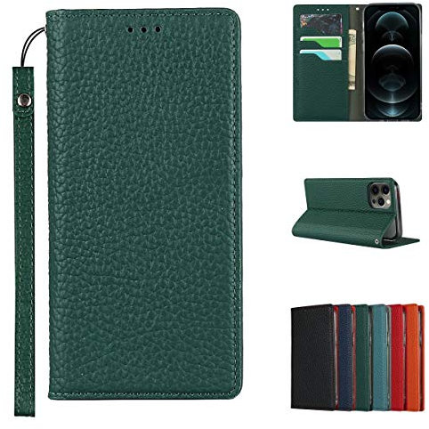 Copmob Case Compatible for iPhone 12 Pro Max With Card Holder With Strap,Genuine Leather Flip Wallet Case,[3 Slots][Magnetic Closure][RFID-Blocking],Phone Case Cover for iPhone 12 Pro Max- Dark Green