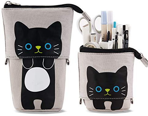 TOYESS Trousse à Crayons Télescopique en Toile Durable avec Motif de Chat Mignon - Etuis à Crayons pour Garçons Filles Etudiants et Fournitures de Bureau, Gris