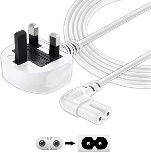 SHAFI® Figure 8 Power Lead White 3M - 2-Pin 90 Degree Angle IEC C7 Universal UK Plug Power Cable - Compatible Figure 8 cable for PS5 Xbox Series X/S LG Sony Smart LED Samsung TV - 3M White