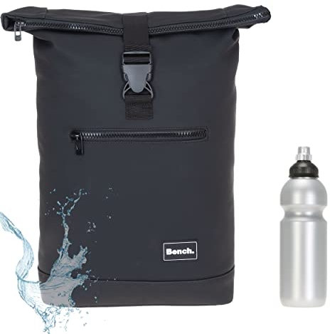 Sieber Rucksack Kurierrucksack Bench Hydro Plane Roll-Top backpack Laptoprucksack A4 wetterfest Damen Herren 64175 + Trinkflasche (Black 0100)