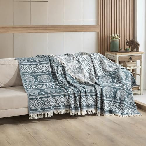 Milam LondonBoho-Überwurfdecke, Bohemian-Überwürfe für Kingsize-Betten, wendbare Bohemian-Bettwäsche, Sofaüberwurf, große Tagesdecke für 3-Sitzer und Kingsize-Betten, 220 x 240 cm, Blau