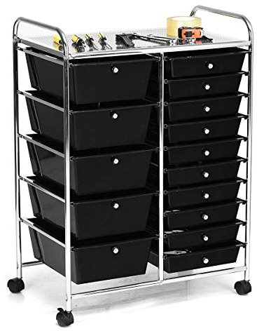 GiantexUK 15 Drawers Rolling Trolley, Utility Storage Organizer Cart with Wheels, Home Office Hairdressing Salon Shelving Organizer Unit (Black)