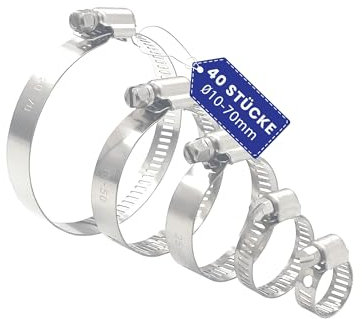 AZISHA Schlauchschellen Set 10-70mm 40 Stück - 304 Rostfrei Edelstahl Schlauchschellen - Einstellbare W4 Schlauch Schelle, Schellen Set Fur Pool, Garten, Gas, Wasser, Waschmaschine, Und Kfz Schlauch