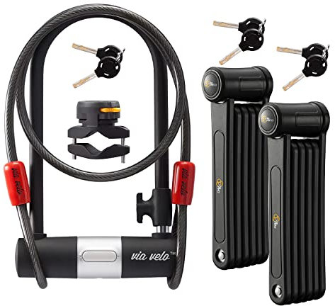 Via Velo 3 Electric Bike Bike Lock Set, Same Key System Keyed Alike, New 2022, Heavy-Duty Hard Steel | 33.5 Folding Lock | 11 Bicycle ULock | 6' Cable | for Electric Bike Scooter Folding Bike