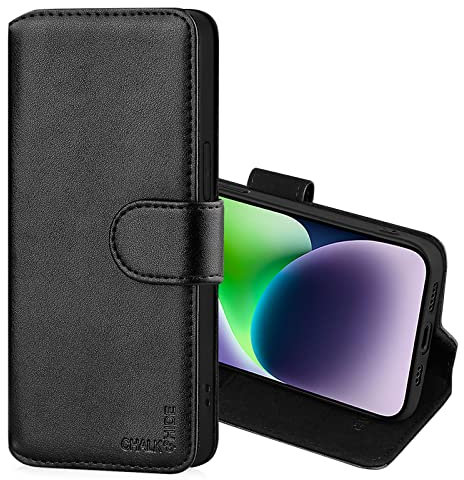 CHALK & HIDE - Real Leather Book Wallet Flip Case Cover For Apple iPhone 14 Plus (6.7), Real Leather Design With Card Slot, Magnetic Closure and Built In Stand - Black