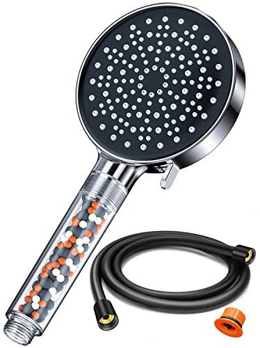 Yeaupe Pommeau de douche économiseur d'eau avec tuyau 1,75 m, pommeau de douche économe en eau avec filtre, économie d'énergie croissante, ensemble de douche avec 6 types de jet, chrome 7,5 l/min.