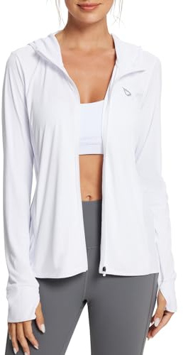 baleaf Women's SPF Jacket Sun Shirt UV Protection Hoodie Zip Up Long Sleeve Hooded Summer Clothing Running Hiking White M