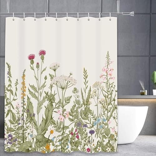 3BMT Duschvorhang waschbar mit Ringen - Blumen Design - Duschvorhang Anti Schimmel - 100% Polyester - 180 x 200 cm