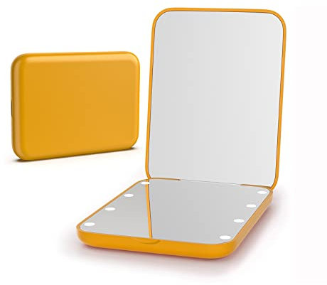 Kintion Taschenspiegel, LED-Kompakt-Reise-Make-up-Spiegel mit 1-facher/3-facher Vergrößerung, Kompaktspiegel mit Licht, Handtaschenspiegel, Kleiner beleuchteter Kompaktspiegel als Geschenk, Gelb