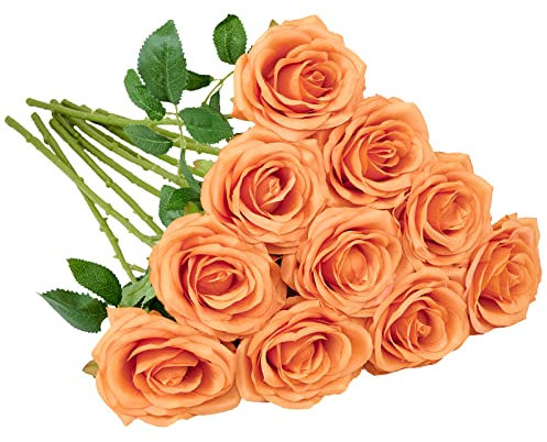 IUKnot Künstliche Rosen, Orange, offener Blumenstrauß, künstliche Rosen, Stiele für Hochzeitsarrangement, Brautstrauß, Tafelaufsatz, künstliche Seidenblumen, 10 Stück