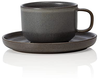 ROCKZZERO 6 Espressotassen und Untertassen im Set - Steingut, spülmaschinenfest - Tassen aus umweltfreundlichen Rohstoffen - Dunkelgrau - 9 cl - Unterteller 11,5 cm Durchmesser