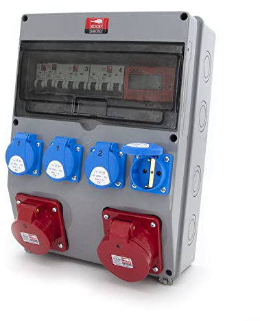 KOOP Elektro Stromverteiler 4x230V Schuko mit LS-Schalter und Fehlerstromschutzschalter, CEE 16A & 32A, MID Stromzähler, Lokaler Stromverteiler für Werkstätten, Fabriken, Innen-/Außenbereiche.