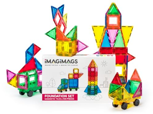 IMAGIMAGS 108-Piece Magnetic Building Tiles, Rainbow Starter Set | Scratch-resistant, Flat Open Surface, Car Bases, Strong Magnets, Ages 3+
