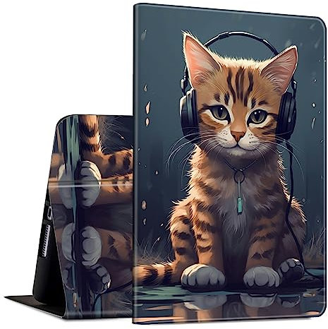 Étui pour iPad Mini 7 (A17 Pro) 2024 pour iPad Mini 6 2021 8,3 en cuir PU fin avec support multi-angles avec fonction veille/réveil automatique pour iPad Mini 7e/6e génération, chat avec écouteurs