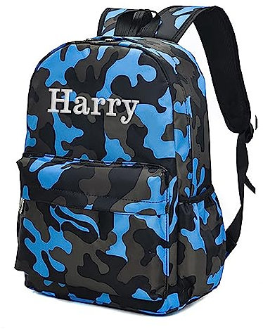 Varsany Personalised Camo Blue Kids Backpack With Side Bottle Holder - Water-Resistant Rucksack And Zip Pockets