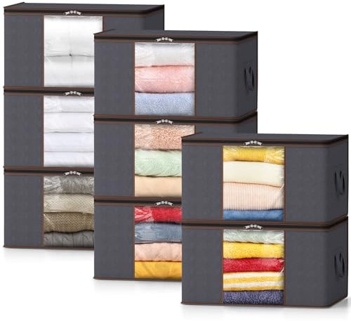 Lifewit 8 Stück Groß Aufbewahrungsbox mit Deckel, Aufbewahrungstasche für Bettdecken Kleidung Aufbewahrung Schrank Kleiderschrank Organizer, faltbare Umzugskartons für Decken Kleider, Grau