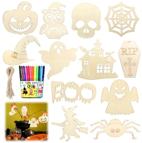 Halloween Basteln Kinder, 60 Stück Halloween Holz Bastelset, Holzanhänger zum Bemalen DIY Holz Kürbis Bastelset mit 12 Aquarellstift Hanfseil, Handwerk Herbstdeko Bastelset Kinder Halloween Anhänger