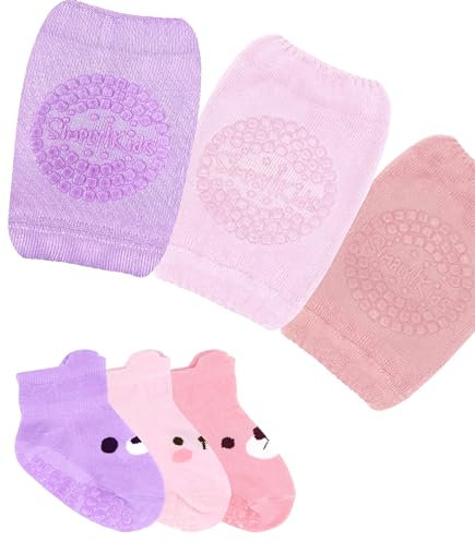 Stoppersocken und Knieschoner Baby Krabbeln (3 Paars) Antirutschsocken 6-12 Monate Abs Anti Rutsch Socken Kind 12-18 (Mädchen)