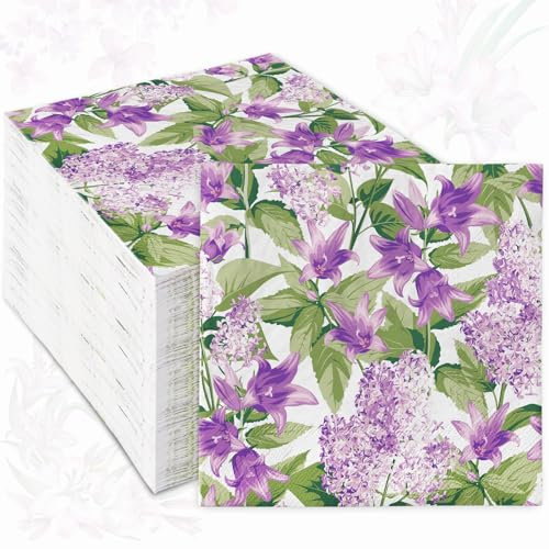 Whaline Papierservietten mit Blumenmuster Frühlingsblumen Einweg-Servietten violett lila dekorativ Mittagessen Abendessen Handservietten für Partyzubehör Tischdekoration 16,5 x 16,5 cm 100 W11788