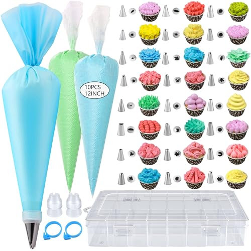 GZMAISULEE 40PCS Piping Bags and Tips Set 12 Inch Pastry Bags Cakes Decorating Kit Supplies, 10 Icing Bags Disposable with 1 Reusable Piping Bags, 24 Frosting Tips, 2 Couplers, 1 Storage Box