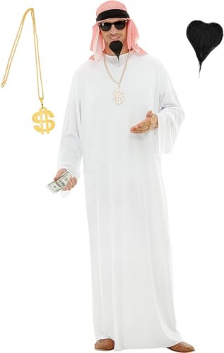 Funidelia Araber Kostüm für Herren mit Zubehör – Scheich Verkleidung für Erwachsene – Karneval & Halloween – Größe L – Weiß