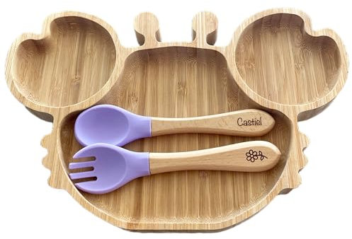 Assiette crabe + couverts pour bébé, enfant personnalisé en bambou et silicone, idée de cadeau pour naissance, baptême, noël pour bébé