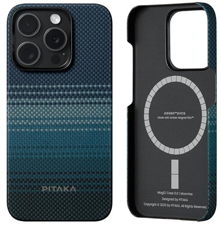 PITAKA Magnetic Case for iPhone 15 Pro Made from Aramid Fibre Ultra Thin and Light Amber Magnet Film Protective Case with Visualised Magnets and 3D Texture Feel [MagEZ Case 5] Moorise