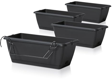 Spetebo Balkon Blumenkasten mit Halterung und Bewässerungssystem - 4 Stück in 40 cm - Kunststoff Geländer Pflanztopf in anthrazit - Blumentopf Pflanzkasten zum Einhängen mit Wasserablauf