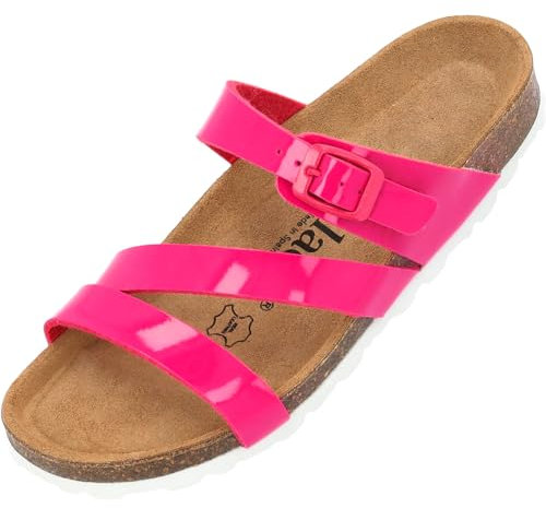 Palado Pantoletten Damen Ikaria – bequeme Sandalen Made in Spain - Hausschuhe mit dämpfendem Kork-Fußbett - modische Sommerschuhe Pink Lack UK4,5 - EU37