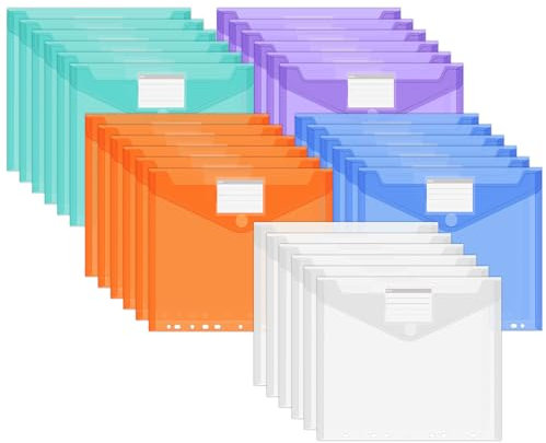 30 Stück Dokumententasche A4, Wasserdichte Dokumentenmappe, 11 Lochrand Sammelmappen Mit Etikettentasche, Bunte Mappen für Dokumente Organisieren, Bürobedarf, Hausaufgaben