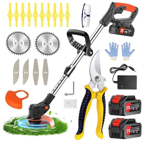 Strimmer, Cordless Strimmer, Garden strimmer, Battery Strimmers with 2PCS 21V 2.0Ah Batteries and Charger, 4 Types Blades, Height Adjustable, Grass trimmer/Brush cutter Suitable for Garden