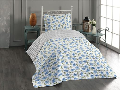 ABAKUHAUS Nostalgisch Wendbares Tagesdecken-Set, Alte Vintage-Blumen, Kissenbezüge und Bettdecken aus Mikrofaser, 223 x 173 cm, Hellblau Olivengrün