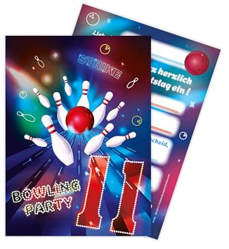 Limonia 12 Einladungskarten zum 11. Kindergeburtstag Motto Bowling neon Feier Fest Einladung Set Geburtstag Mädchen Kinder Jungs Jungen Boys Teenies