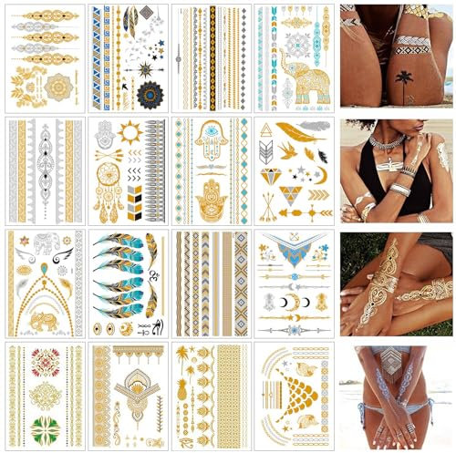 16 Feuilles Tatouage Temporaire,Autocollants Métalliques Dorés Faux Tatouages,Tatouage Ephemere Femme, atouages éphémères métalliques,Tatouage Paillette Tatoo Temporaire Faux,pour Festival Tatouage