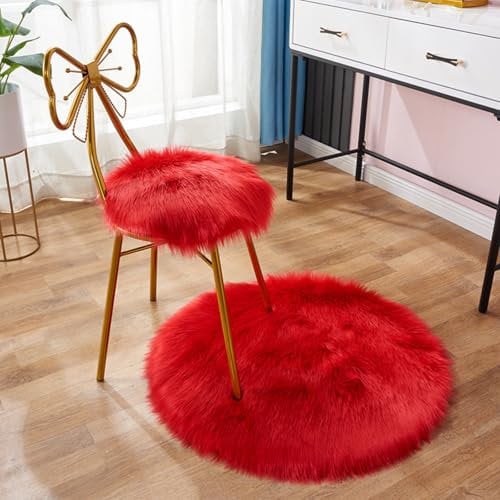 champracer Faux Lammfell Schaffell Teppich,Rund Hochflor Fluffy Teppich Plüsch Wohnzimmer Dicker Teppich,Kunstfell Teppich, Weicher und Flauschiger Teppich Wohnzimmer,Teppich Rund (China Rot,30cm)