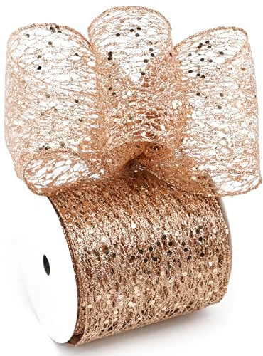 LIZLOVESS Rose Gold Glitter Mesh Wired Ribbon 4 X 10 Yards Webbed Rose Gold Sequin and Glitter Christmas Ribbon for Tree Decoration, Garlands and Swags, Home Decor, Craft Projects, Wreath Supplies
