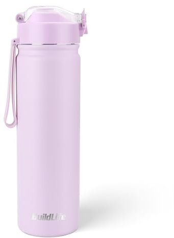 BuildLife Trinkflasche Edelstahl mit Strohhalm, 720ML Isoliert Trinkflasche Auslaufsicher, Spülmaschinenfest Flasche, Doppelwandig Sporttrinkflasche,BPA Frei Wasserflasche (Hellviolett)