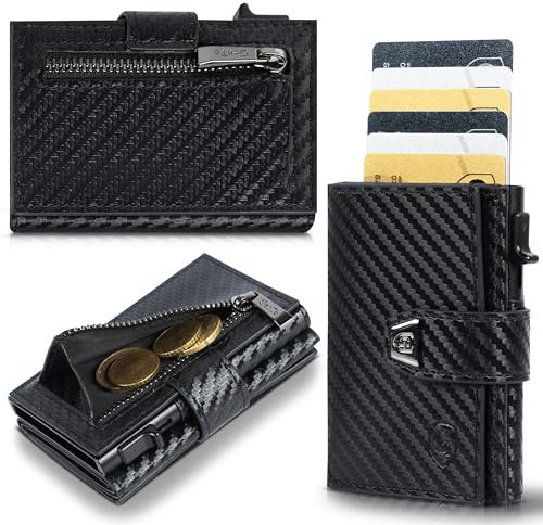 GENTO Geldbörse – kompaktes Portmonee aus Mikrofaser – RFID-Schutz – Premium-Qualität – 8 Kartenfächer – Münzfach mit Reißverschluss – 3 Farben – Schiebemechanismus für Karten – Geschenkbox (Carbon)