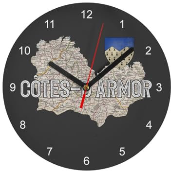 Fabulous Wanduhr aus Glas – Cotes d'Armor 22 Department Karte antike Bretagne – Durchmesser 20 cm – Schwarz