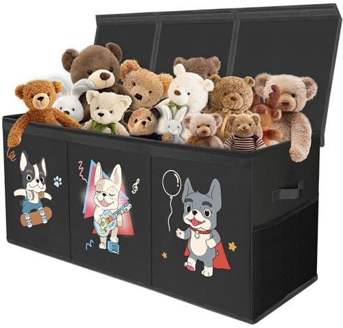 VERONLY Extra Large Toy Box Storage for Boys Girls Collapsible Toy Chest Organiser with Lid ,Toy Chest Bin Container with 2 Mesh Pockets and Handles ,96x34x39cm(Black)