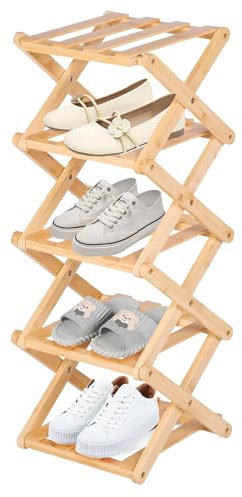 ZYNERY Étagère à chaussures pliable en bambou - Petit format vertical - 5 niveaux - Pour entrée, chambre à coucher, coin