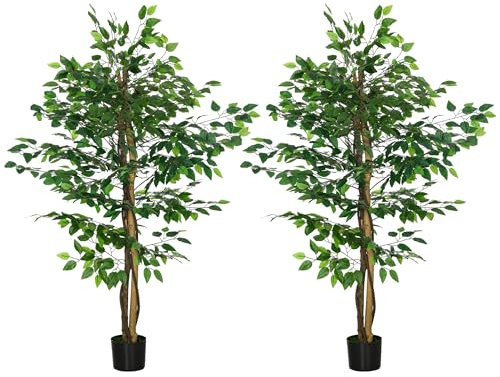 HOMCOM Lot de 2 Plantes artificielles Arbres artificiels ficus Hauteur 1,50 m Tronc Branches Liane Lichen Feuilles Grand réalisme Pot Inclus, intérieur, Vert