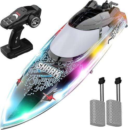 OBEST Remote Control Boat with LED Lights, 30+KM/h RC Shark Speedboat, 2.4 GHz Competitive Boat, Low Power Alarm,2 Batteries