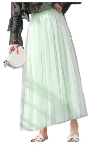 A-Linien-Rock Aus Netzstoff Vintage Tüllrock Damen Elastische Taille 3 Lagen A-Linie Plissee Mesh Rock Lange Braut Tutu Röcke Weiblich Jupe Longue Fur Damen(Mint Green,88CM-Length)