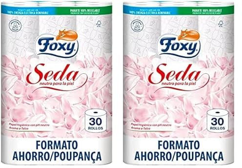 Foxy Seda | Papel higiénico 30 rollos | 173 servicios por cada rollo | Neutro para la piel | Certificación FSC | 100% Energía eléctrica renovable | Paquete reciclable producido con plástico reciclado