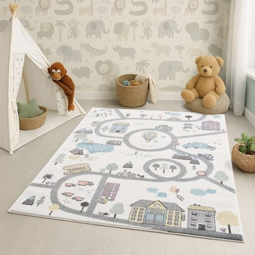 carpet city Teppich Kinderzimmer 80x150 cm - Kinderteppich Creme, Blau - Auto, Straßen - Spielteppich Kinder - Babyzimmer Deko