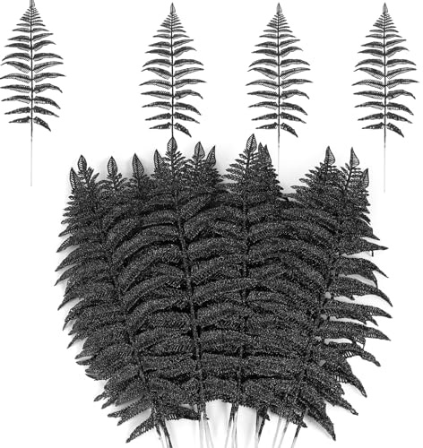 MWOOT 16 Stück Weihnachten Künstliche Farne Pflanzen, Glitzer Künstliche Blätter Schwarz, Gefälschte Künstliche Zweige DIY Zubehör für Girlande Kranz Weihnachtsbaum Blumenstrauß Haus Garten Dekoration