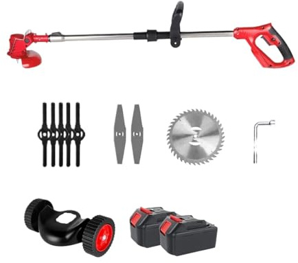 SMTYXS Akku-Rasenmäher Mit Akku, Faltbar, Akku-Rasentrimmer, Unkrautvernichter, Gartengerät for 18-V-Akku(Red,2 Batteries)