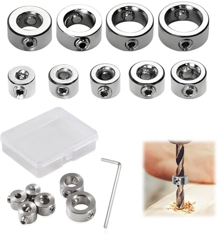8-teiliger Bohr-Tiefenanschlag Set | Inkl. 3-12mm Tiefenringe & Aufbewahrungsbox | Kohlenstoffstahl | Universelle Tiefenmessung & Bohrführung für Holzwerken & DIY