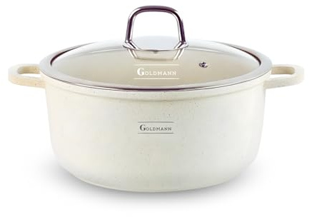 GOLDMANN Kasserolle 22 cm mit Glasdeckel, Premium Gussaluminium, 2,3L, Marmor-Keramik Antihaftbeschichtung, Induktionsgeeignet, Ofenfest (Beige, 20 CM)